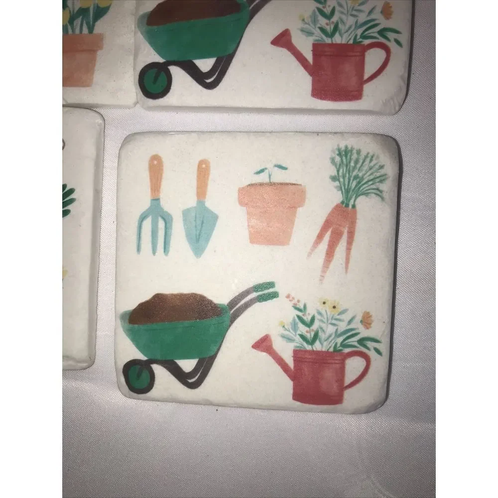 Tabletop Gardening Coaster Set/4 Resin Flowers‎ Hat Wheel Barrow Cg175957